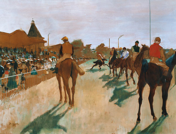 Racepaarden voor de tribunes  van Edgar Degas