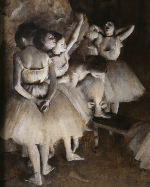 Ballet rehearsal on stage van Edgar Degas