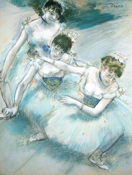 Three Dancers in a Diagonal Line on the Stage van Edgar Degas