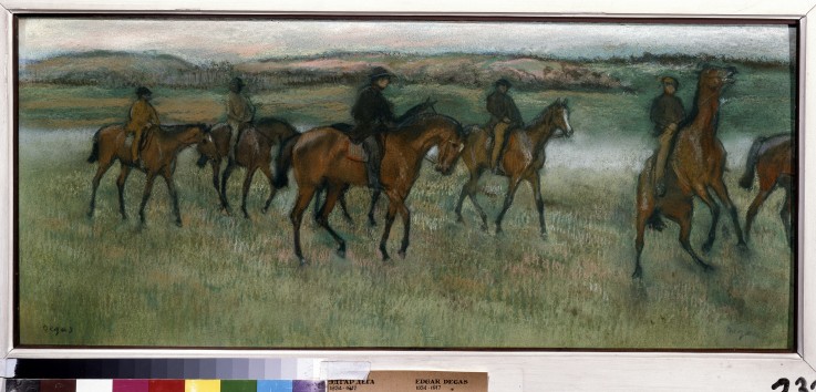 Exercising racehorses van Edgar Degas