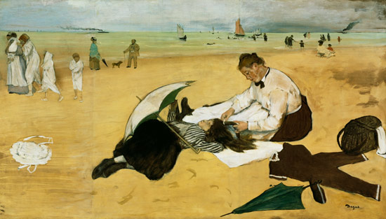 Kleines Mädchen wird am Meeresstrand van Edgar Degas