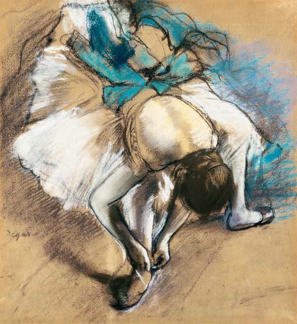Danseres bij het vastsnoeren van de balletschoenen Edgar Degas van Edgar Degas