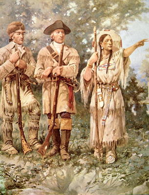 Lewis and Clark with Sacagawea (colour litho) (detail) van Edgar Samuel Paxson
