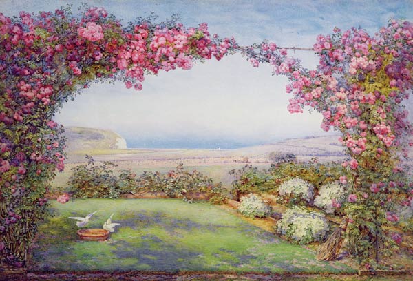 A garden with a rose arch van Edith Helena Adie