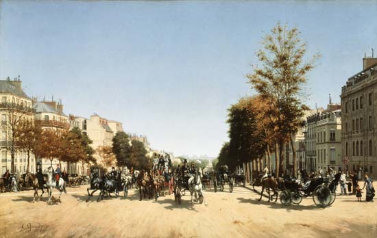 Blick vom Place d'Etoile in die belebten Champs Elysées. van Edmond Georges Grandjean