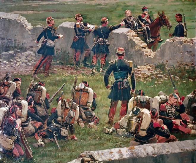Evening of the battle of Rezonville (Gravelotte). Grenadiers of the Imperial Guard at rest, 16 Augus van Edouard Detaille