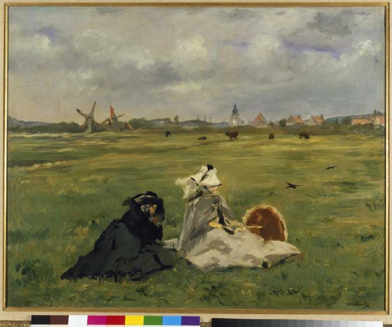 Echtgenote en moeder van de kunstenaar in een weiland  van Edouard Manet