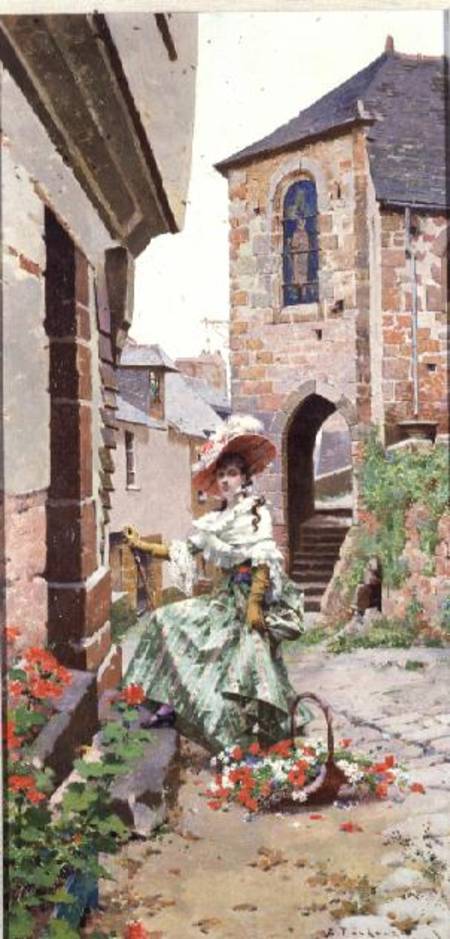 Parisian Woman with a basket of flowers van Edouard Toudouze