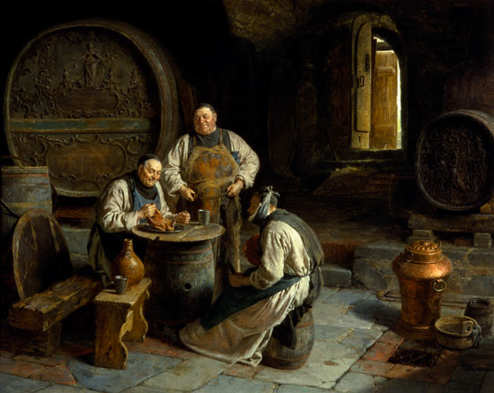 Drei Mönche im klösterlichen Weinkeller van Eduard Grützner