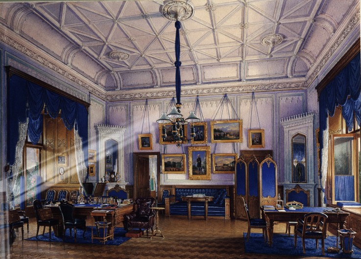 The blue Study room of Emperor Alexander II in the Farm Palace in Peterhof van Eduard Hau