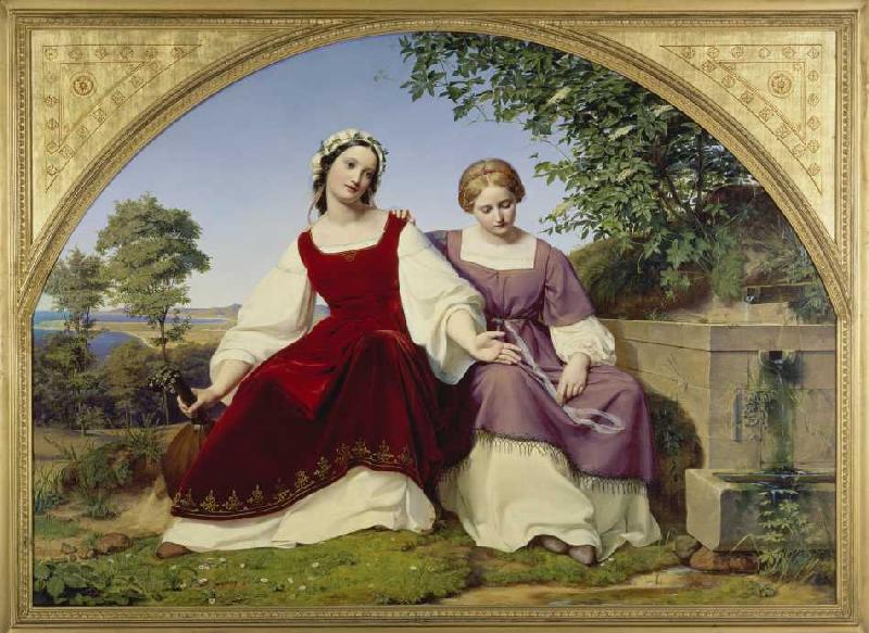 Die zwei Mädchen am Brunnen van Eduard Julius Friedrich Bendemann
