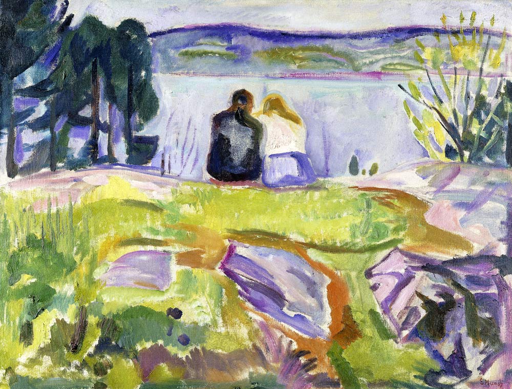 Frühling (Liebespaar am Ufer) van Edvard Munch