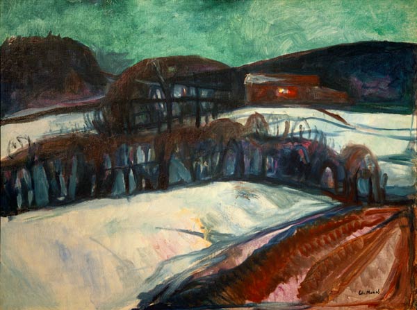 Het rode huis in de sneeuw van Edvard Munch
