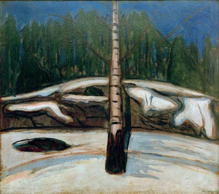 Birch in snow van Edvard Munch