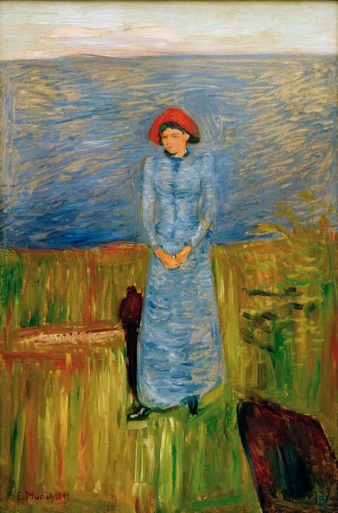 Woman with red hat at fjord van Edvard Munch