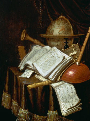 Vanitas with a globe, musical scores and instruments van Edwaert Colyer or Collier