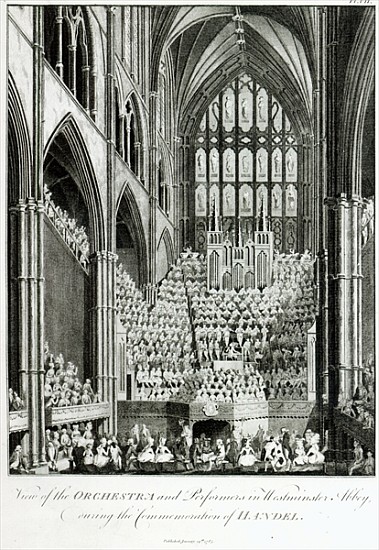 View of the Orchestra and Performers in Westminster Abbey, during the Commemoration of Handel, publi van Edward Francis Burney