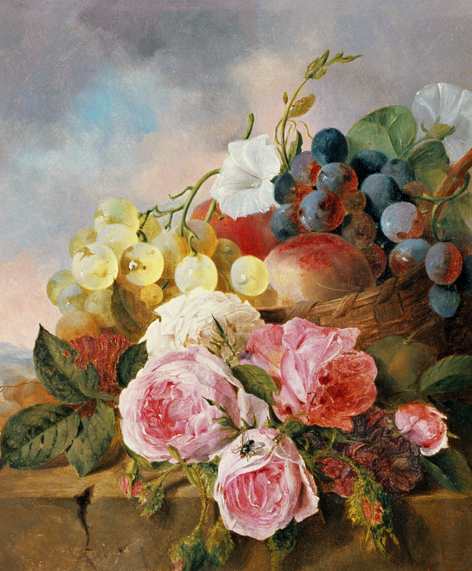 Still life of fruit and roses on a ledge van Edward Ladell