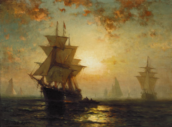 Zeilschepen bij zonsondergang van Edward Moran