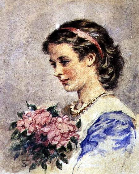 Young Girl with a Bunch of Pink Flowers (w/c over pencil on paper) van Edward Tayler