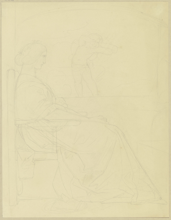 Eine Dame am Fenster sitzend, im Hintergrund ein Amorknabe (?) mit Pfeil und Bogen van Edward von Steinle