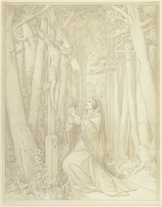 Josephine Brentano im Wald ein Kruzifix verehrend van Edward von Steinle