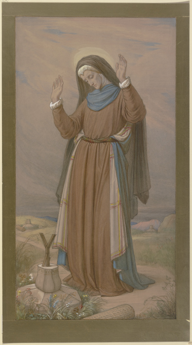 Maria, die Schmerzensreiche, am Kreuzweg wandelnd, den die Jünger mit Kreuzen bezeichnet hatten van Edward von Steinle