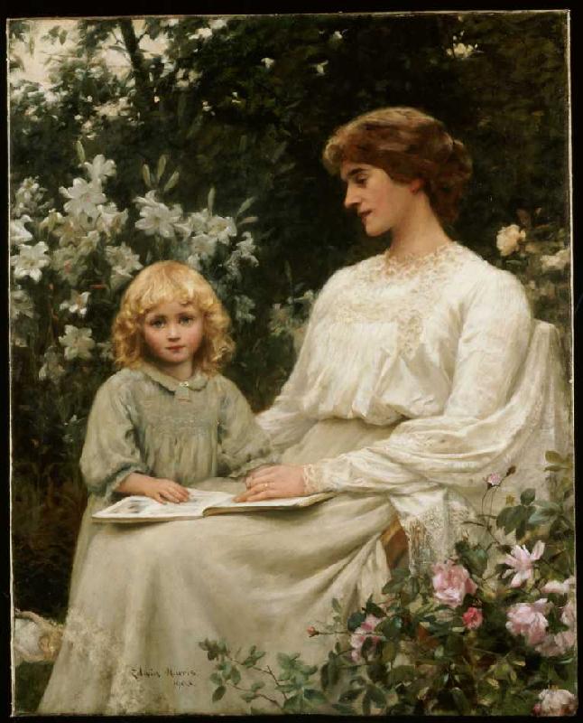 Mutter und Tochter beim Lesen eines Buches. van Edwin Harris