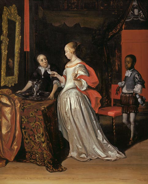 A Lady Holding A Letter Attended By A Negro Page As A Maid Places A Silver Ewer And Basin On A Table van Eglon Hendrick van der Neer