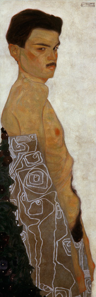 Aktselbstbildnis mit ornamentierter Drapierung van Egon Schiele