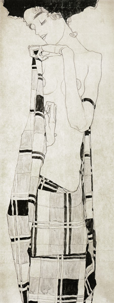 Stehendes Mädchen in kariertem Tuch van Egon Schiele