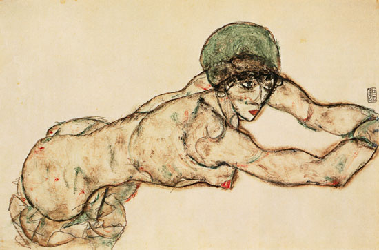 Nach rechts liegender Frauenakt mit grüner Haube van Egon Schiele