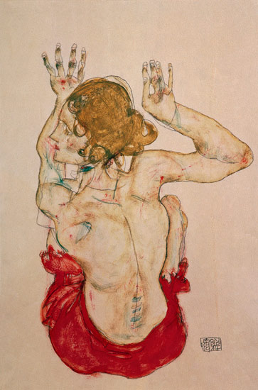 Rückenakt eines auf rotem Tuch sitzenden Mädchens van Egon Schiele
