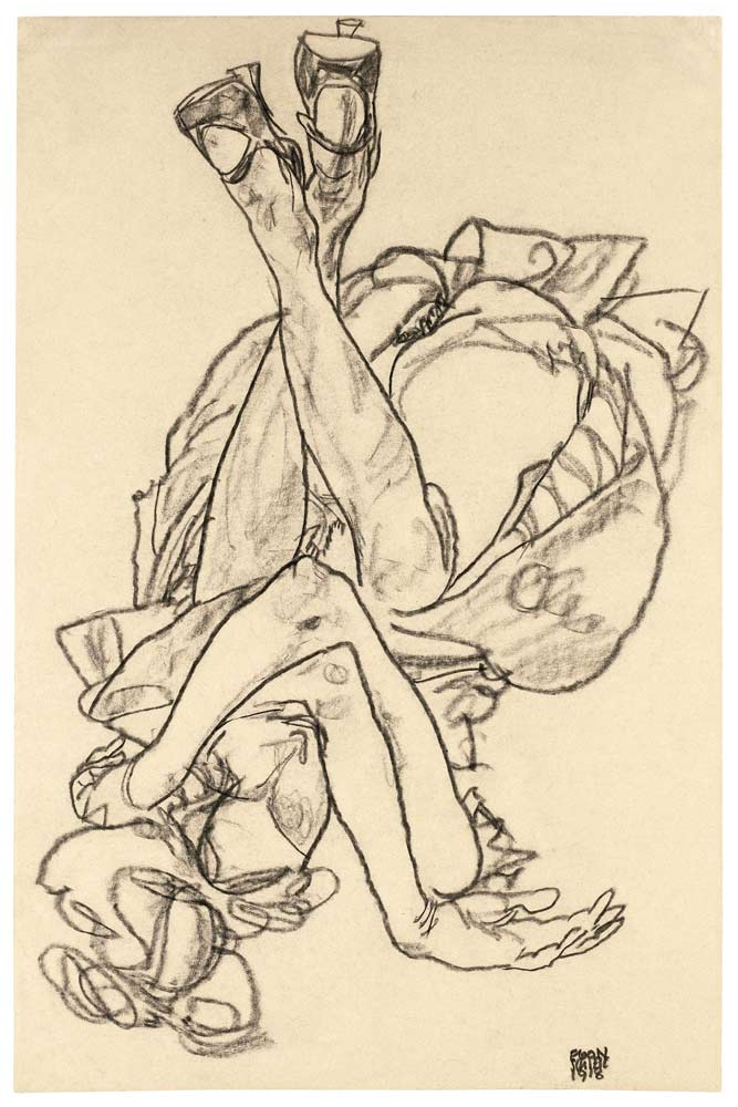 Girl lying on her back with crossed arms and legs van Egon Schiele