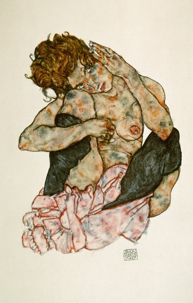 Hurkend naakt meisje, met de wang leunend op de rechterknie... van Egon Schiele