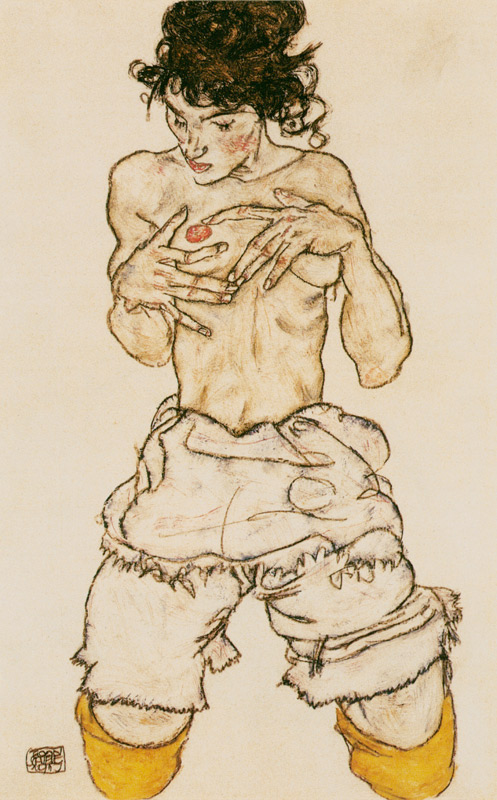 Knielend halfnaakt  II van Egon Schiele