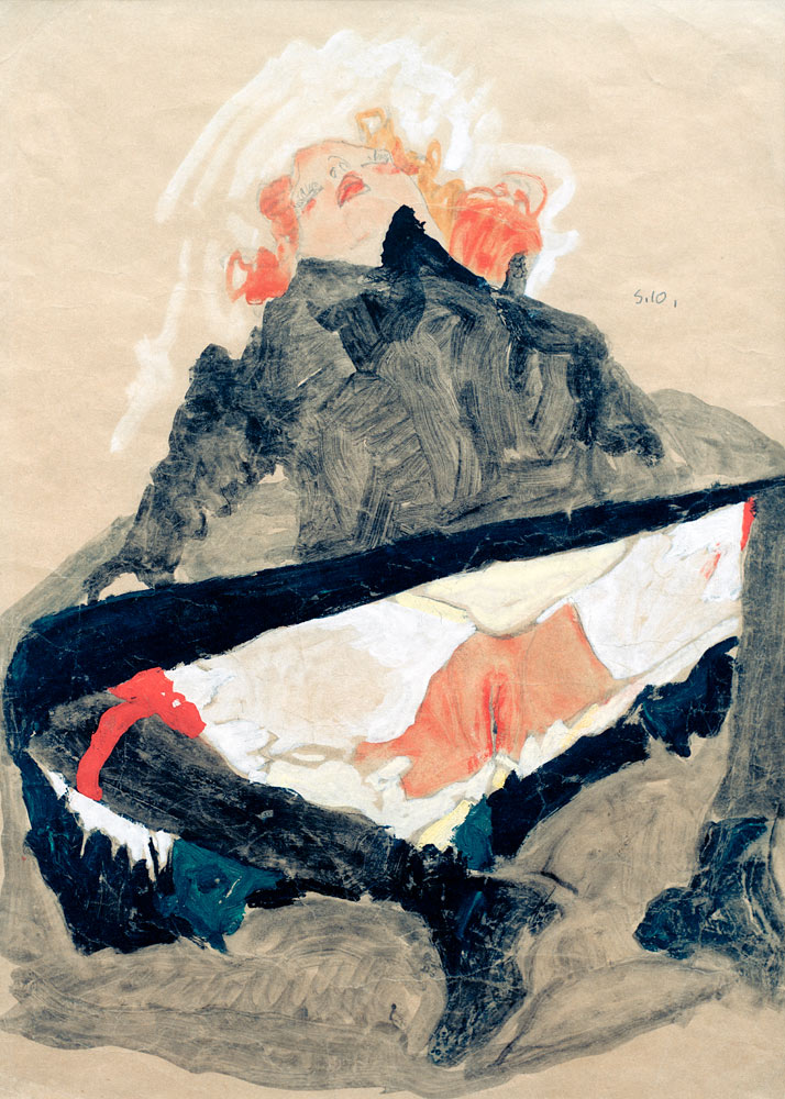Girl in Black Dress with her Legs Spread van Egon Schiele