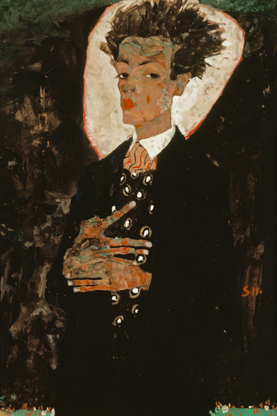 Zelfportret met pauwenmantel van Egon Schiele