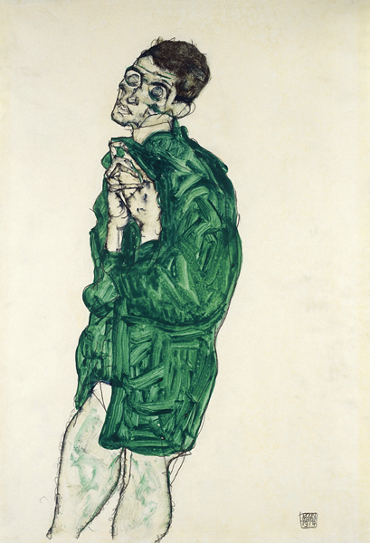 Self-portrait in green shirt with eyes closed van Egon Schiele