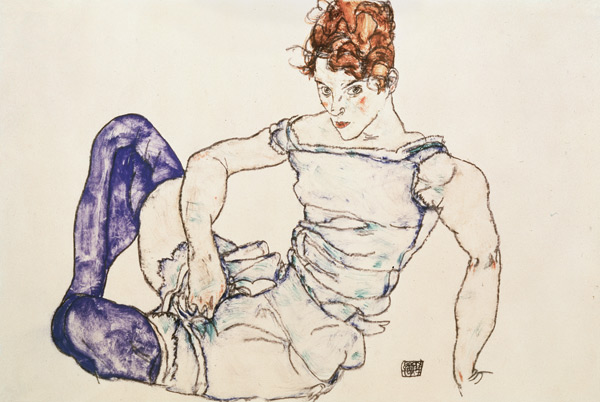 Sitzende Frau mit violetten Strümpfen van Egon Schiele