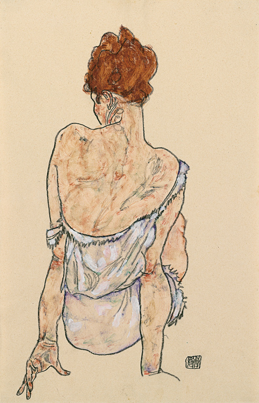 Sitzende in Unterwäsche, Rückenansicht. 1917 van Egon Schiele