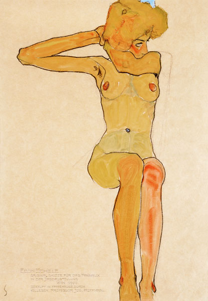 Zittend vrouwelijk naakt met gespreide benen van Egon Schiele