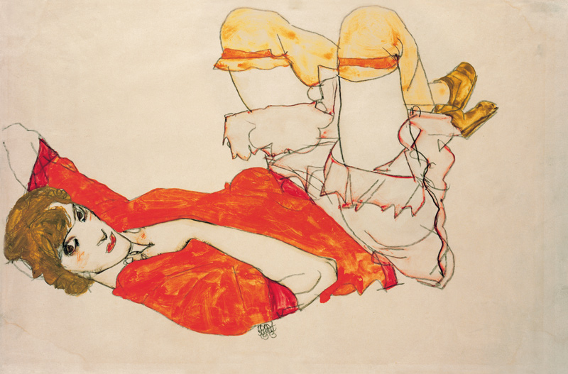 Wally in rode blouse met opgetrokken knieën van Egon Schiele