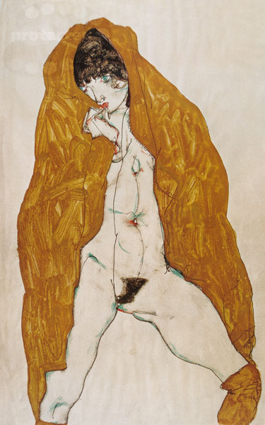Weiblicher Akt mit gelbem Umhang van Egon Schiele