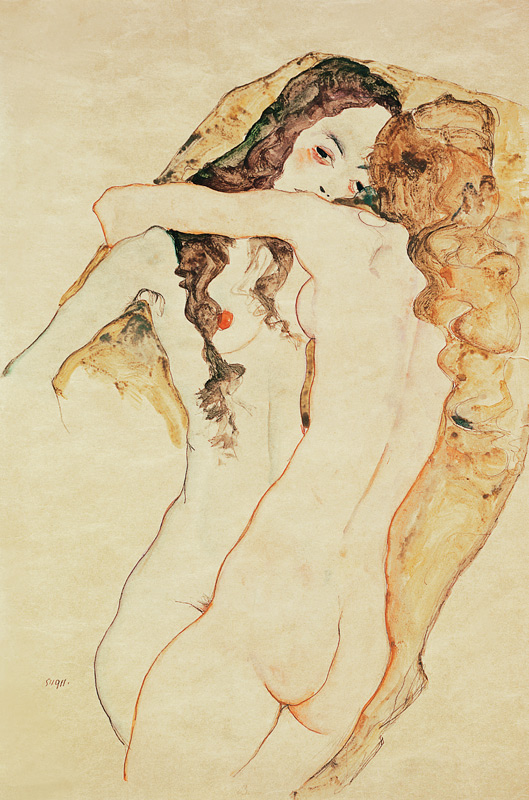 Twee vrouwen in omarming  van Egon Schiele
