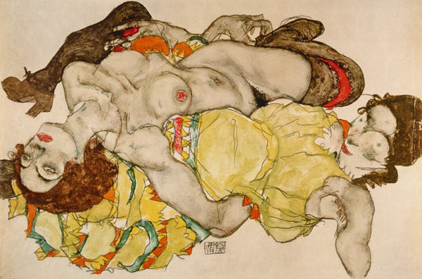 Zwei Mädchen, in verschränkter Stellung liegend van Egon Schiele