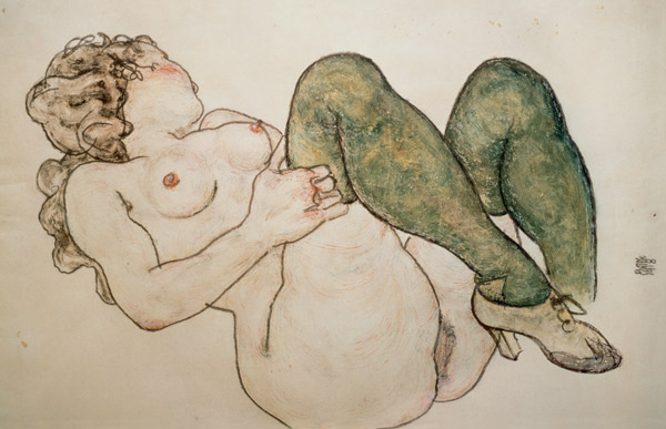 Naakt met groene kousen van Egon Schiele