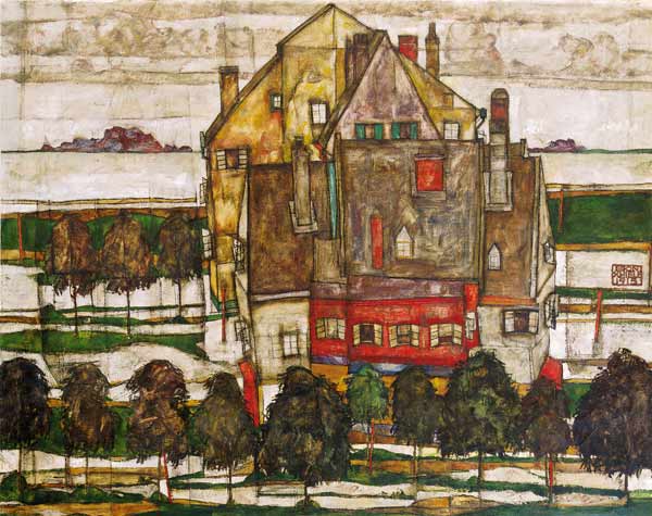 Einzelne Häuser (Häuser mit Bergen) van Egon Schiele