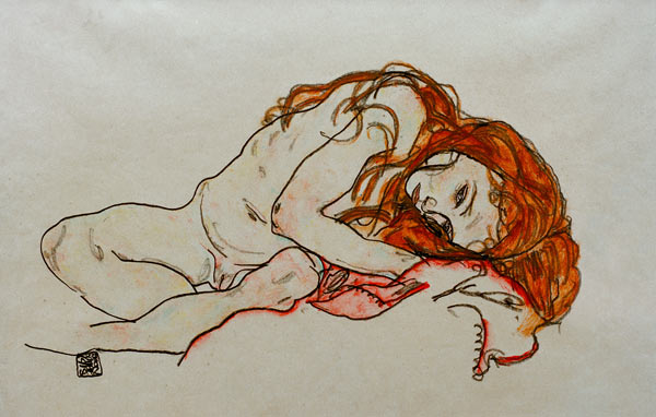 Hurkend meisje met hoofd naar beneden van Egon Schiele