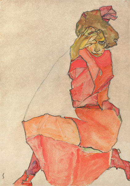 Kneeling Female in Orange-Red Dress van Egon Schiele